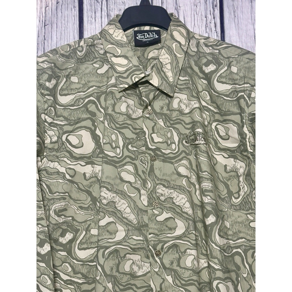 Von Dutch Button Up Shirt Ground Stone Camo Men's XL Metal Buttons‎ Beige NWOT